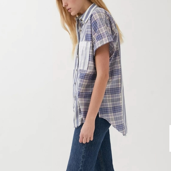 Urban Outfitters BDG Stevie Spliced Button Down Shirt Short Sleeve Relaxed Blue - Picture 3 of 14